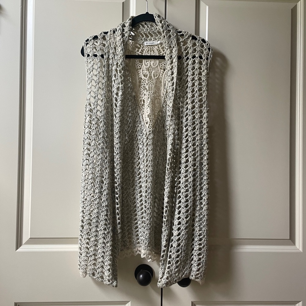 Like New Blue Pepper Knit Vest With Crochet and Lace Details